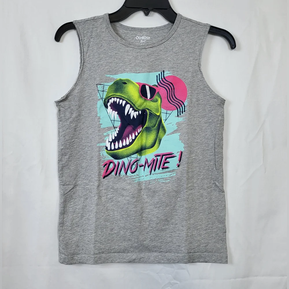 Oshkosh B'gosh Boys Heathered Gray Dinosaur Graphic Sleeveless Muscle Tank Sz 14